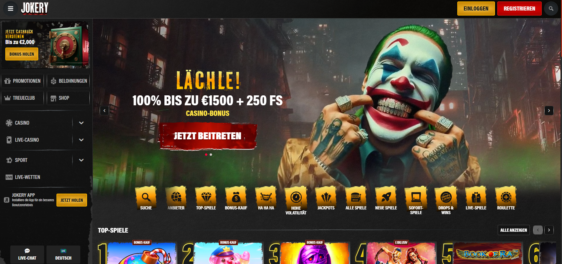 Jokery Casino — 100% Willkommensbonus bis €1.500 + 250 Freispiele