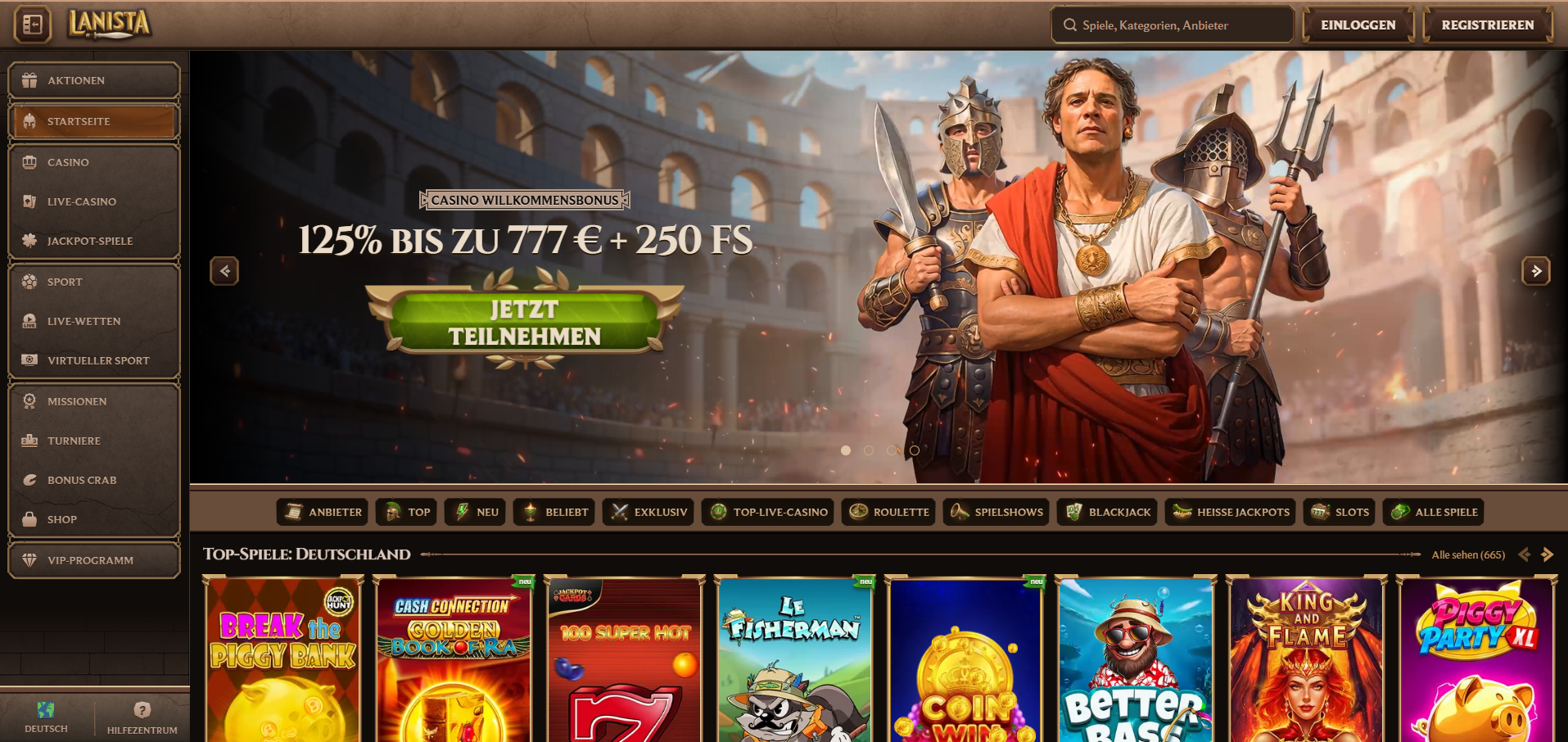Lanista Casino — 125% Willkommensbonus bis €777 + 250 Freispiele + 1 Bonus Crab