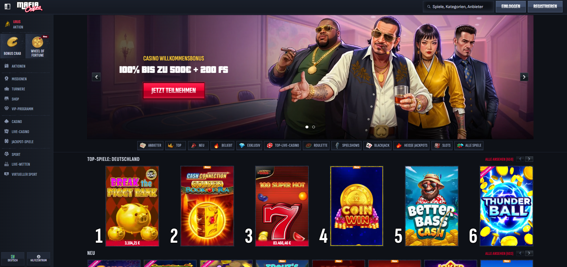 MafiaCasino — 100% Willkommensbonus bis €500 + 200 Freispiele
