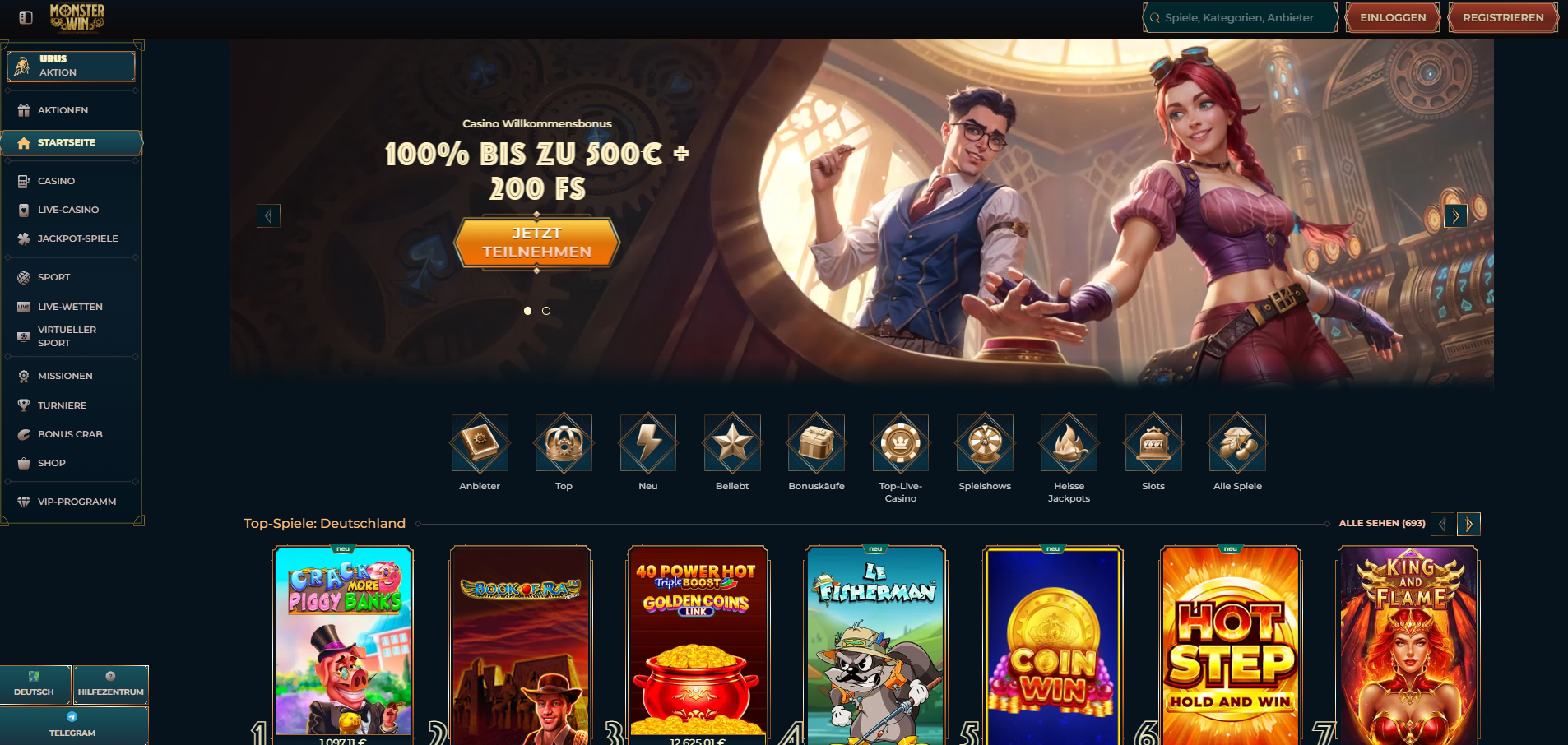 MonsterWin Casino — 100% Willkommensbonus bis €500 + 200 Freispiele