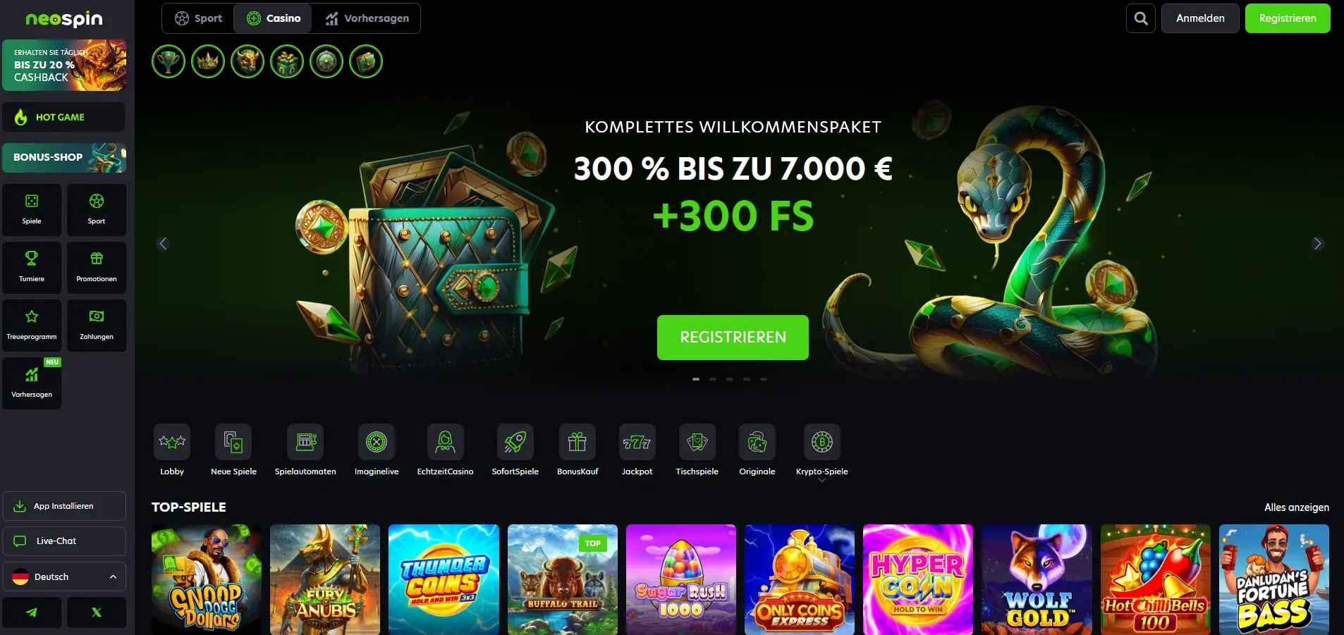 Neospin Casino &mdash; Willkommenspaket bis zu &euro;7.000 + 300 Freispiele