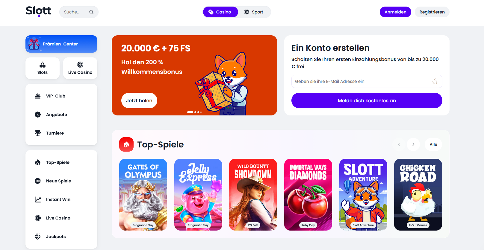 Slott Casino — 200% Willkommensbonus bis €20.000 + 75 Freispiele