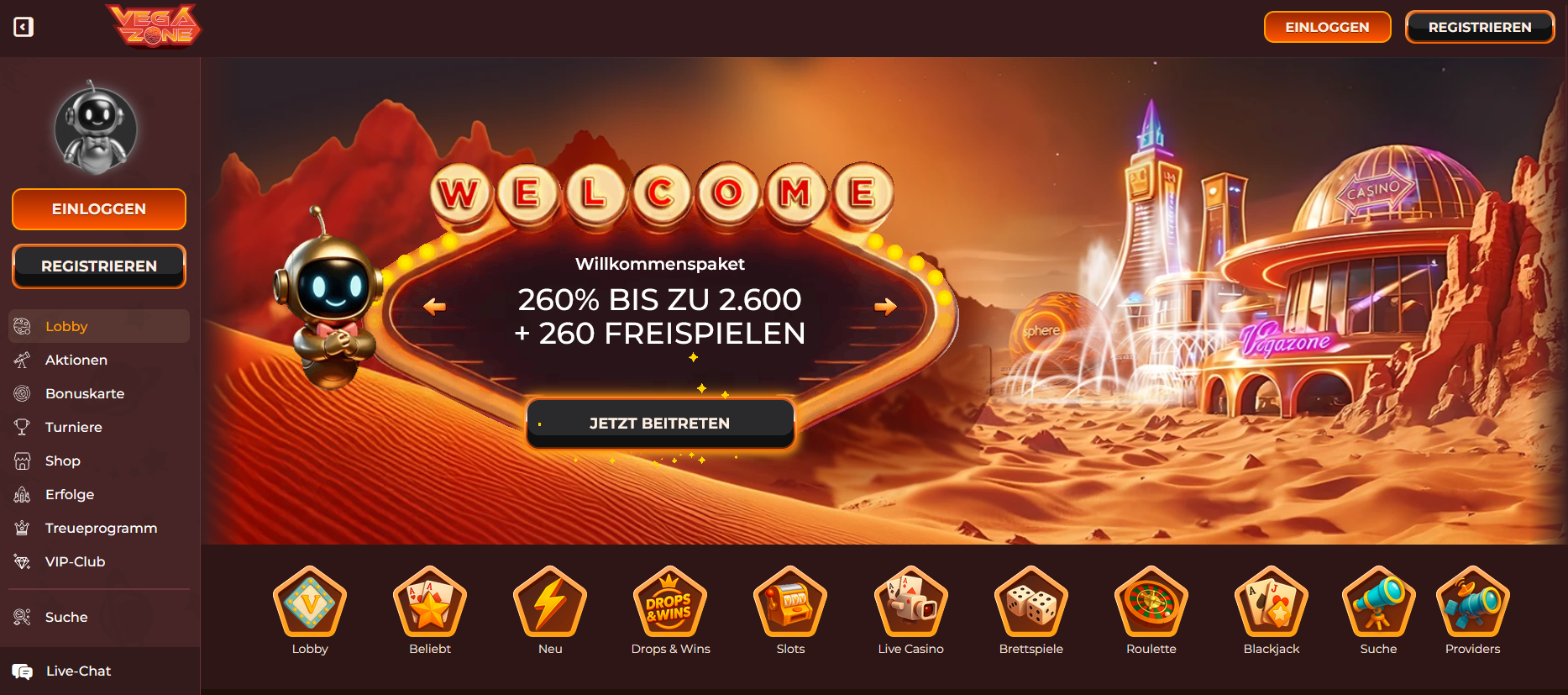 Vegazone Casino — Willkommenspaket 260% bis zu €2.800 + 260 Freispiele