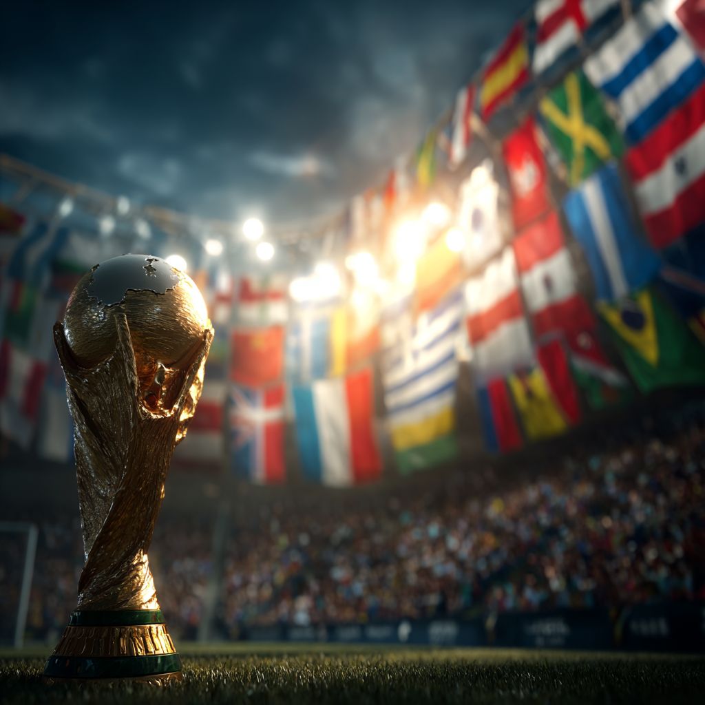 WM-Pokal 2026 im Stadion mit den Flaggen der teilnehmenden Nationen